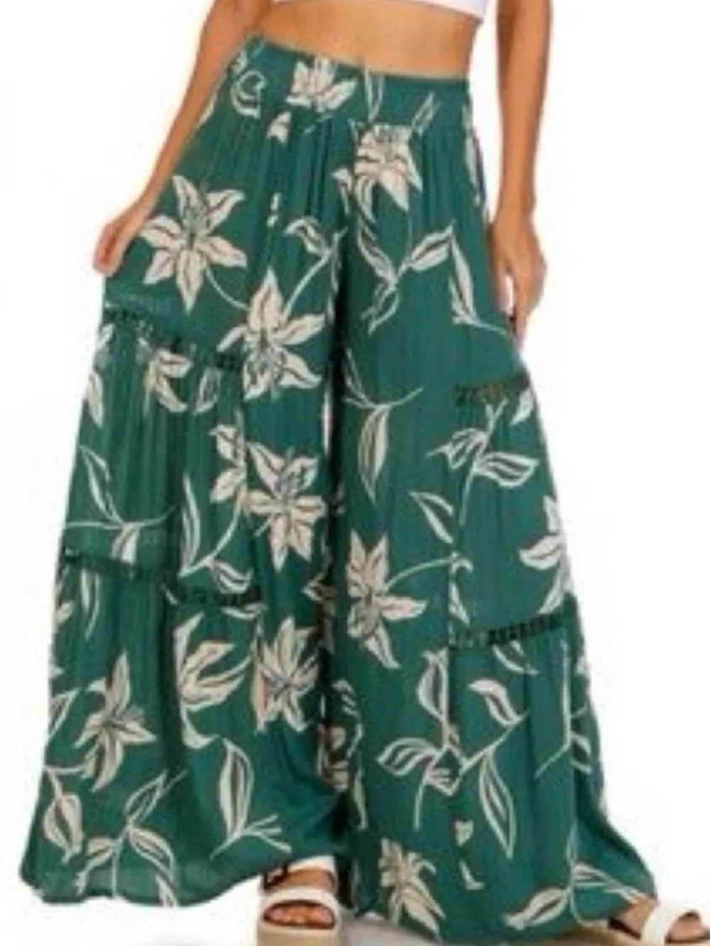 Angie Teal Wide-Leg Floral Palazzo Pants Green Floral Tiered large